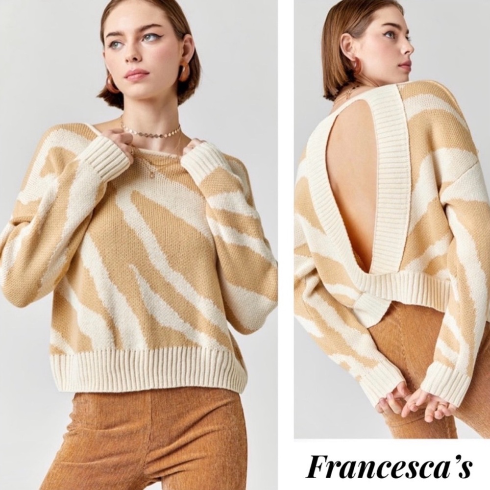 Francesca's Collections Beige and White Open-Back Sweater